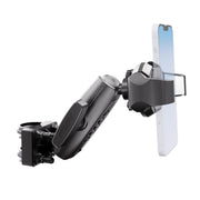 The XMS™ U-Bolt Mount with RoadVise® Ultra Phone Holder, shown in black, securely holds a smartphone with a visible camera notch in a horizontal orientation. This heavy-duty phone mounting system features an adjustable clamp attachment and an articulated arm for precise positioning, all set against a plain white background.