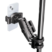 The XMS™ U-Bolt Mount with RoadVise® Ultra Pro Phone Holder is securely clamped to a metal pole, firmly holding a smartphone in a horizontal position for a stable, hands-free setup.