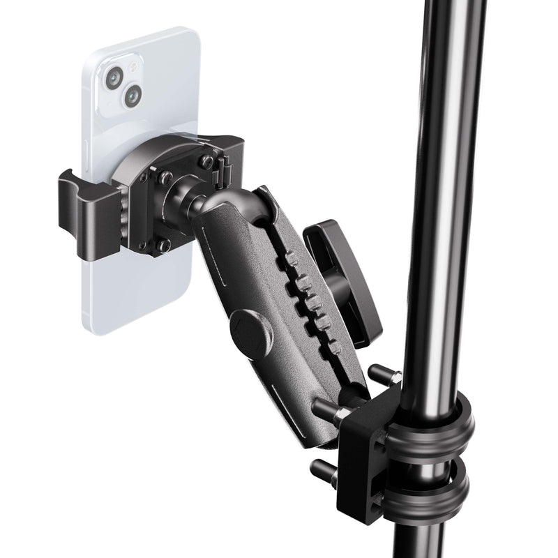 The XMS™ U-Bolt Mount with RoadVise® Ultra Pro Phone Holder is securely clamped to a metal pole, firmly holding a smartphone in a horizontal position for a stable, hands-free setup.