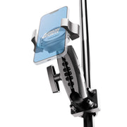 A close-up of a smartphone secured in the XMS™ U-Bolt Mount with RoadVise® Ultra Pro Phone Holder, attached to a vertical pole. The phone screen displays a blue graphic, highlighting an ideal hands-free setup.