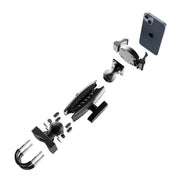 Exploded view of the XMS™ U-Bolt Mount with RoadVise® Ultra Pro Phone Holder in black, displaying its individual components—U-bolt, ball joints, clamps, and a smartphone—all neatly arranged in a row against a white background for an effortless hands-free setup.