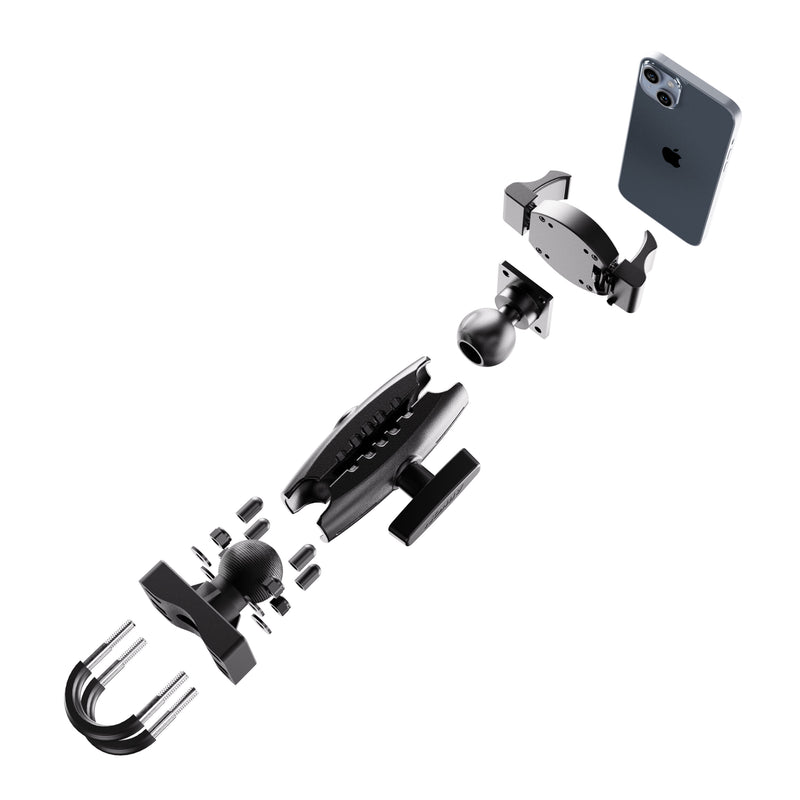 Exploded view of the XMS™ U-Bolt Mount with RoadVise® Ultra Pro Phone Holder in black, displaying its individual components—U-bolt, ball joints, clamps, and a smartphone—all neatly arranged in a row against a white background for an effortless hands-free setup.