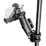 The XMS™ U-Bolt Mount with LockVise™ Locking Phone Holder is shown securely gripping a smartphone held horizontally in its clamp-style mount, which is attached to a vertical metal pole and features adjustable joints along with a tightening knob for secure mounting and precise positioning.