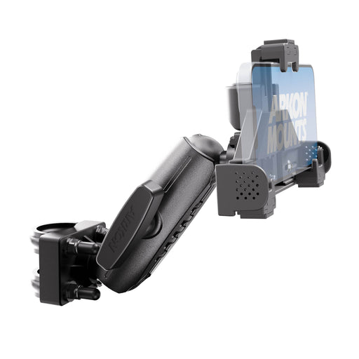 A black adjustable XMS™ U-Bolt Mount with a LockVise™ Locking Phone Holder and clamp base secures a smartphone in landscape orientation. The heavy-duty mount ensures reliable device stability, with the phone displaying the Arkon Mounts logo on its screen.