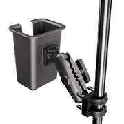 XMS™ U-Bolt Mount with Large Barcode Holster features a black cup holder attached to a vertical pole via an adjustable clamp and joint, perfect for securely holding cups or small items on objects such as strollers, wheelchairs, bikes, or alongside warehouse equipment. Its versatile U-bolt mount ensures reliable attachment in diverse settings.