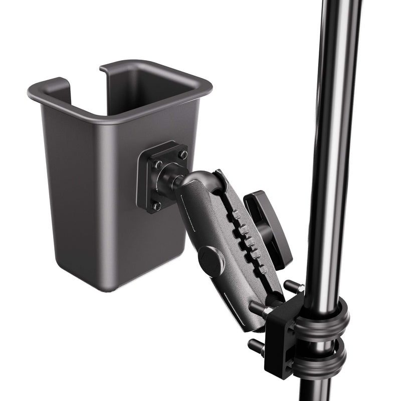 XMS™ U-Bolt Mount with Large Barcode Holster features a black cup holder attached to a vertical pole via an adjustable clamp and joint, perfect for securely holding cups or small items on objects such as strollers, wheelchairs, bikes, or alongside warehouse equipment. Its versatile U-bolt mount ensures reliable attachment in diverse settings.
