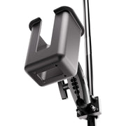 Close-up view of the XMS™ U-Bolt Mount with Large Barcode Holster in black metal, attached to a pole and shown from below, featuring adjustable joints and visible mounting screws.