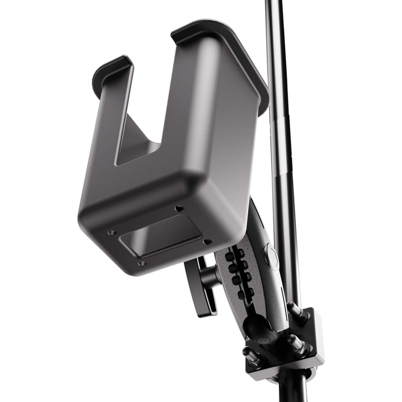 Close-up view of the XMS™ U-Bolt Mount with Large Barcode Holster in black metal, attached to a pole and shown from below, featuring adjustable joints and visible mounting screws.