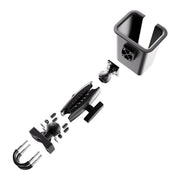 Exploded view of the XMS™ U-Bolt Mount with Large Barcode Holster in black, showing mounting hardware components including a U-bolt mount, clamps, ball joints, and screws—all neatly arranged on a white background. This setup is ideal for use with warehouse barcode scanner accessories or as part of a comprehensive barcode scanner holster solution.
