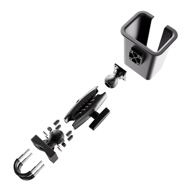 Exploded view of the XMS™ U-Bolt Mount with Large Barcode Holster in black, showing mounting hardware components including a U-bolt mount, clamps, ball joints, and screws—all neatly arranged on a white background. This setup is ideal for use with warehouse barcode scanner accessories or as part of a comprehensive barcode scanner holster solution.