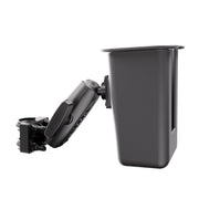The XMS™ U-Bolt Mount with Large Barcode Holster is a black plastic holder featuring an adjustable clamp and secure U-bolt mount, designed to attach to surfaces such as handlebars. Its utilitarian, warehouse-inspired style resembles a barcode scanner holster, and its rectangular shape includes a mounting arm that extends outward for convenient access.