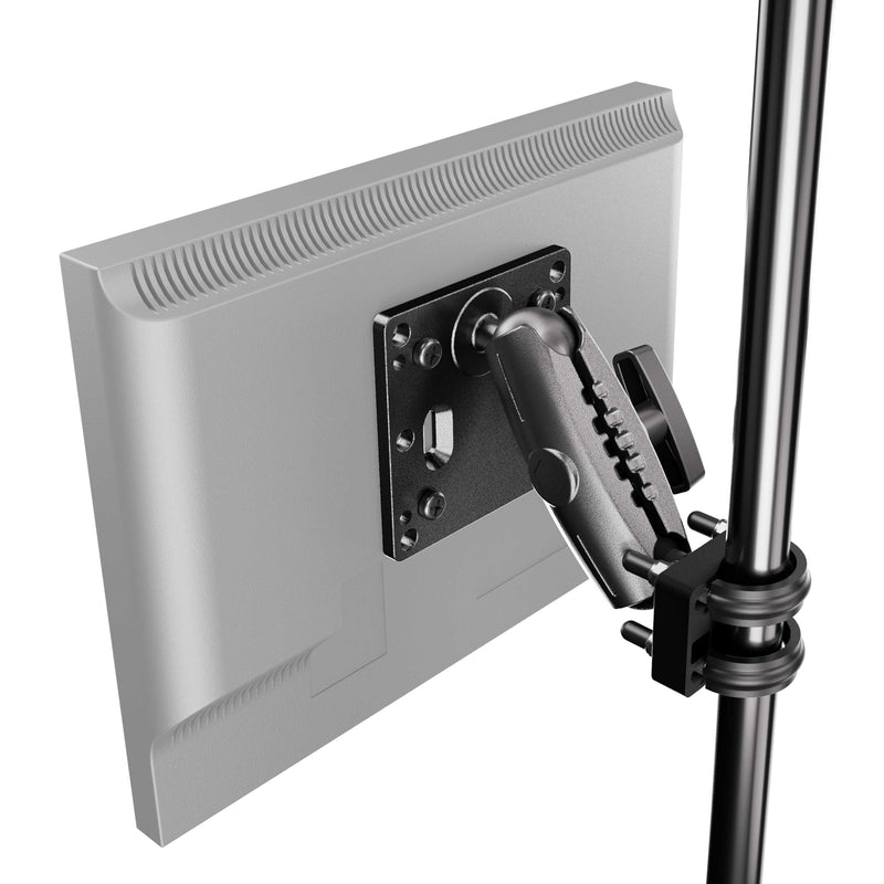 A close-up of an XMS™ U-Bolt Mount with VESA Mount attached to a vertical pole, showing the monitor’s mounting bracket and tightening knobs.