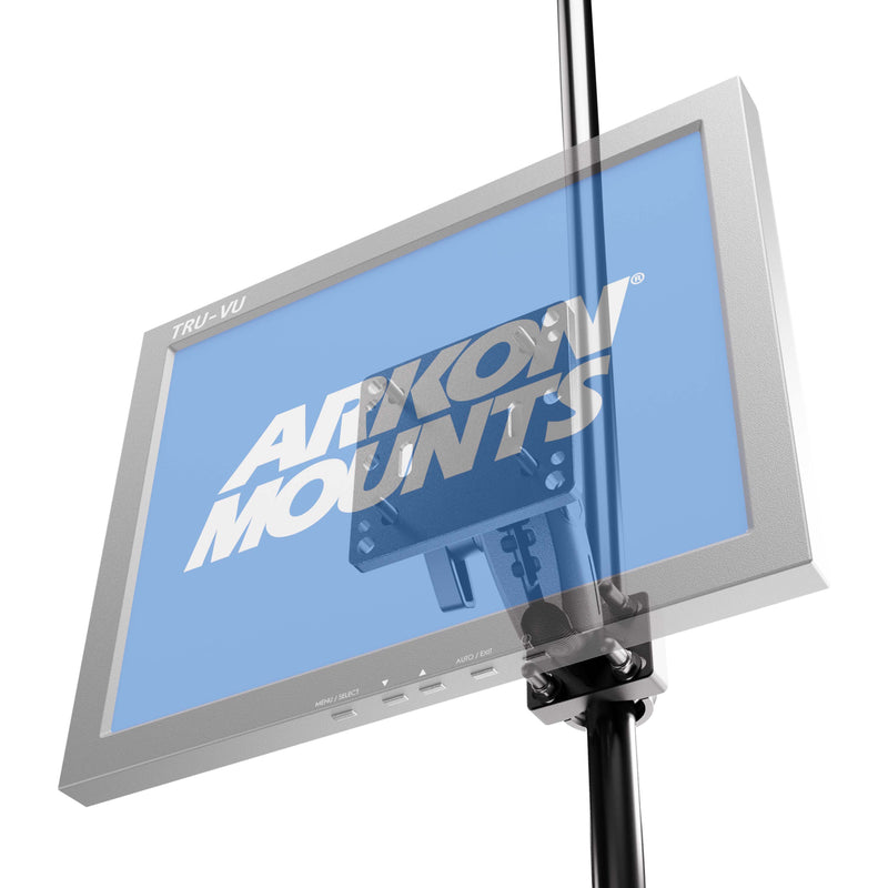 A gray monitor displaying the ARIKO MOUNTS logo on a blue screen is mounted on a black pole using the XMS™ U-Bolt Mount with VESA Mount. The setup features an adjustable bracket for versatile positioning, and a transparent overlay illustrates possible movement and tilt.