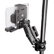 Tablet held in the XMS™ U-Bolt Mount with LockVise™ Metal Locking Tablet Holder, attached to a metal pole. This modular mounting system features adjustable knobs and joints for precise positioning and stability, ensuring a secure and versatile setup.