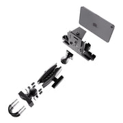 Exploded view of the XMS™ U-Bolt Mount with LockVise™ Metal Locking Tablet Holder in black, displaying each component—U-bolt base, adjustable arms, ball joints, and heavy-duty metal locking tablet holder—separated and aligned in a row.