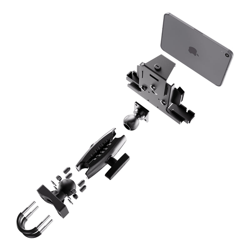 Exploded view of the XMS™ U-Bolt Mount with LockVise™ Metal Locking Tablet Holder in black, displaying each component—U-bolt base, adjustable arms, ball joints, and heavy-duty metal locking tablet holder—separated and aligned in a row.