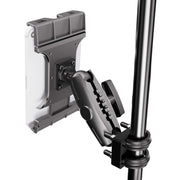 The XMS™ U-Bolt Mount with Slim-Grip Ultra Pro Tablet Holder is attached to a metal pole, providing secure tablet placement and featuring a knurled knob for precise positioning adjustments.