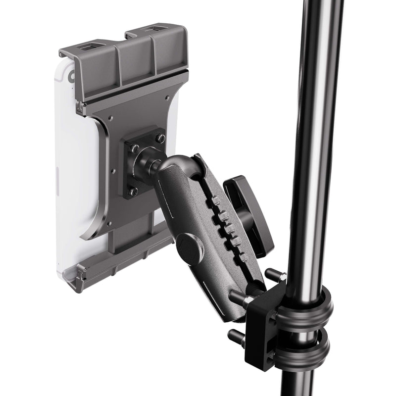 The XMS™ U-Bolt Mount with Slim-Grip Ultra Pro Tablet Holder is attached to a metal pole, providing secure tablet placement and featuring a knurled knob for precise positioning adjustments.