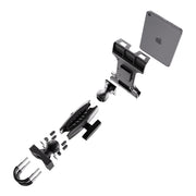 Exploded view of the XMS™ U-Bolt Mount with Slim-Grip Ultra Pro Tablet Holder in black, displaying individual components aligned in sequence, including the U-bolt mount clamp, adjustable arm, ball joints, and the Slim-Grip Ultra Pro holder with a tablet inserted.