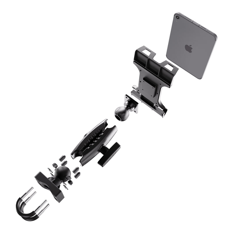 Exploded view of the XMS™ U-Bolt Mount with Slim-Grip Ultra Pro Tablet Holder in black, displaying individual components aligned in sequence, including the U-bolt mount clamp, adjustable arm, ball joints, and the Slim-Grip Ultra Pro holder with a tablet inserted.