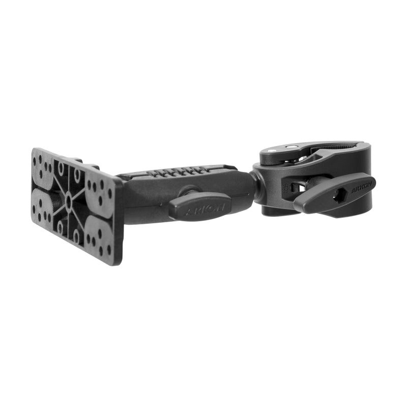 The RoadVise® Clamp with Universal Fish Finder Mount is a black adjustable mounting bracket featuring a clamp on one end and a rectangular multi-hole plate on the other, designed for securely attaching fish finders, marine electronics accessories, or other devices to boats with its versatile universal mount.