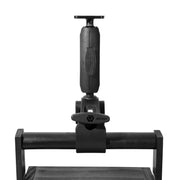 A black RoadVise® Clamp with Metal AMPS Mounting Plate is mounted vertically on a horizontal bar, providing a versatile device mount against a plain white background.