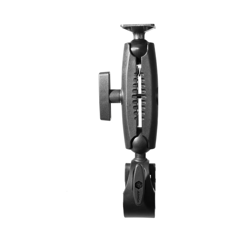 The RoadVise® Clamp Mount with AMPS Mounting Plate and 5.75” Arm, featuring a black adjustable arm with knob and two ball-and-socket joints, is shown vertically against a white background.