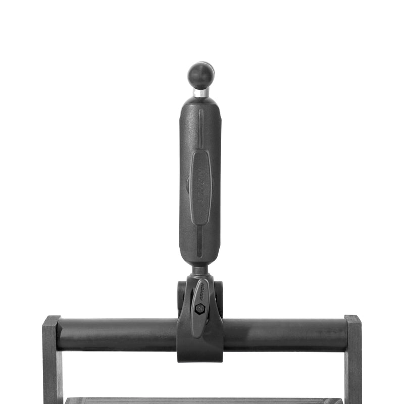 A black and white image of the RoadVise® Clamp Mount with Triple Ball Adapter, featuring a vertical handle on a horizontal bar, centered against a white background—ideal for commercial use.