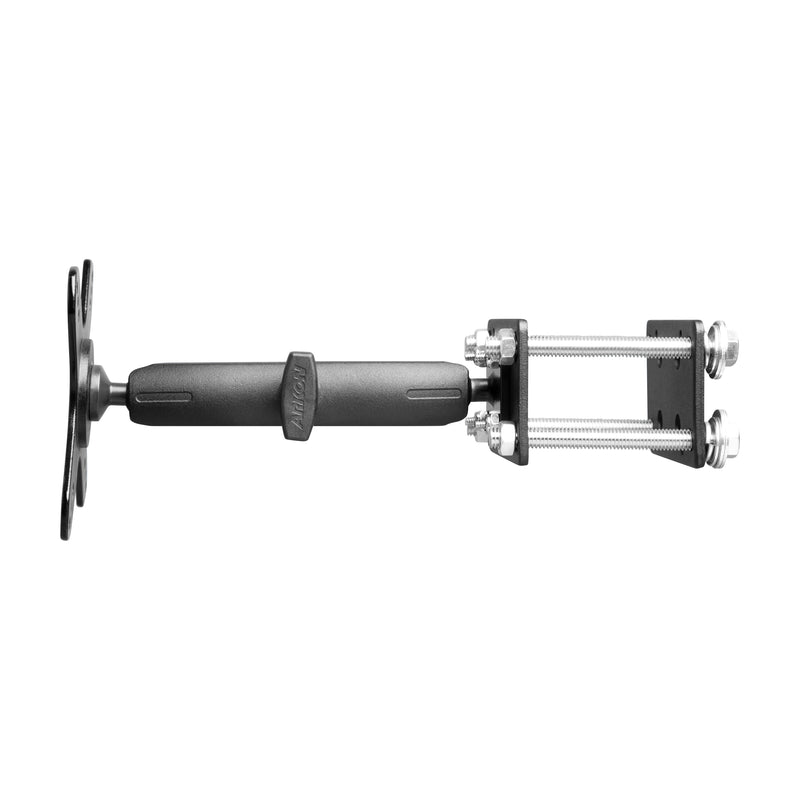 The 7.25 inch Metal Robust Forklift Front Guard VESA Mount features a flat base plate and a U-shaped clamp with bolts and nuts, providing secure warehouse vehicle mounting for forklifts.