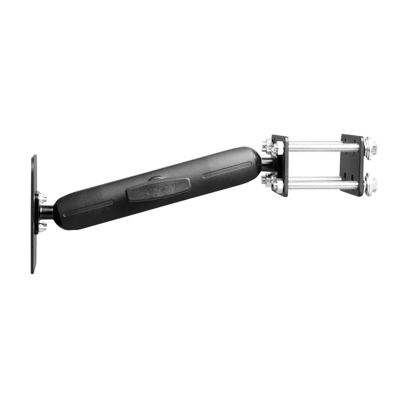 The 10.25 inch Metal Robust Forklift Front Guard VESA Mount is a black adjustable aluminum device holder with a long arm and two flat end plates with bolts and clamps, perfect for securely mounting devices on warehouse vehicles or forklifts.