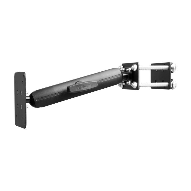 The 10.25 inch Metal Robust Forklift Front Guard VESA Mount is a black, adjustable aluminum mount with a long arm and dual plates, designed for secure equipment attachment on forklifts in warehouses.