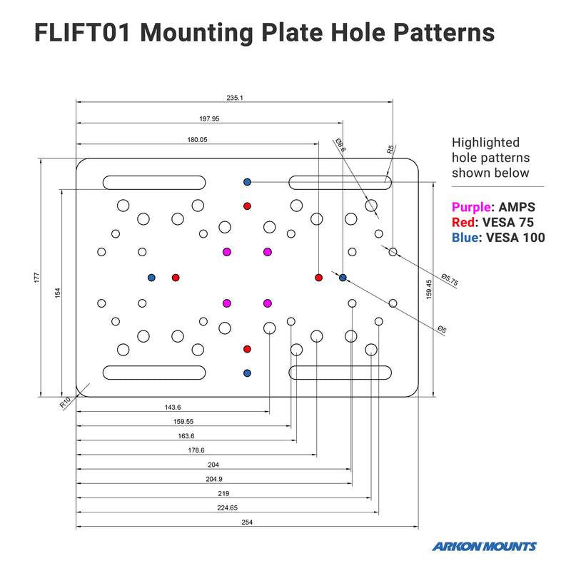 Diagram of the Arkon Mounts Forklift Overhead Guard Mount, a rectangular heavy-duty steel plate featuring multiple hole patterns: purple (AMPS), red (VESA 75), and blue (VESA 100), each clearly labeled with precise measurements and dimensions. Perfect for use as a forklift overhead guard mount or other warehouse vehicle accessories.