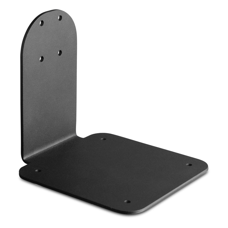 The SteadyMag™ Mounting Bracket is a black heavy-duty steel, right-angle bracket with four holes on each face—perfect as a forklift mounting or 4-hole AMPS bracket for secure attachment.