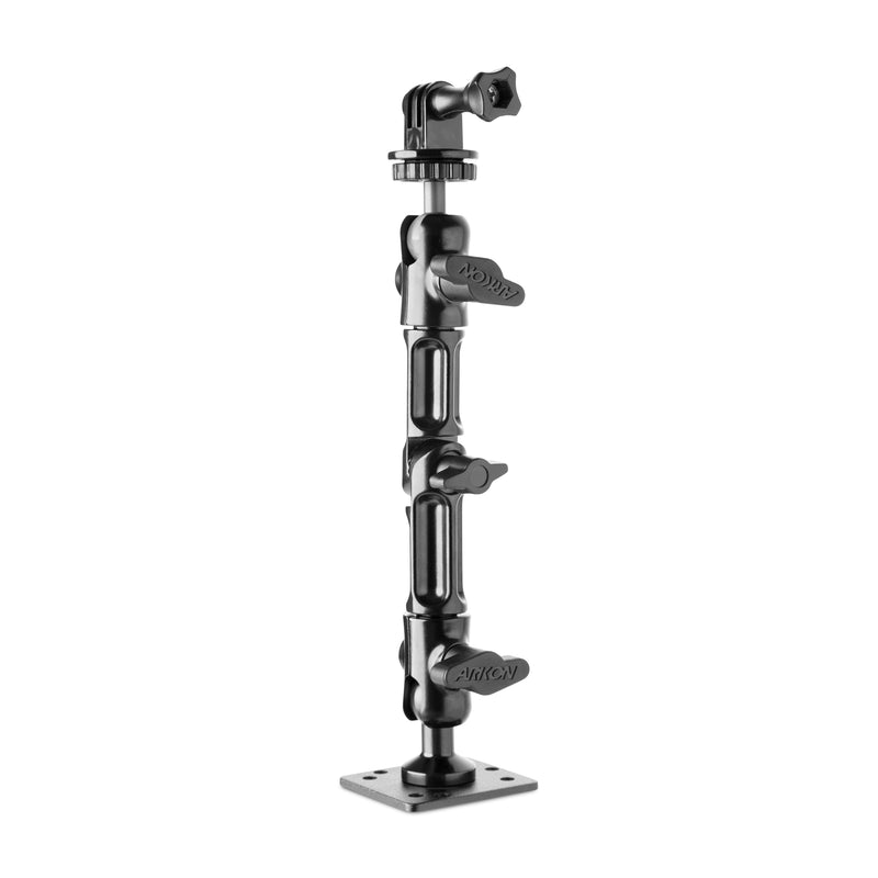 The Heavy-Duty Wall Mount with Multi-Angle Arm for GoPro HERO Action Cameras features a black adjustable metal arm with multiple joints, locking knobs, and a flat base—ideal for mounting action cameras or live streaming accessories.