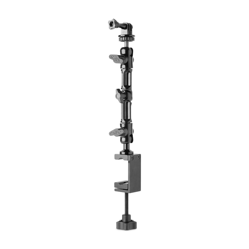 The Heavy-Duty Adjustable Clamp Mount for GoPro HERO Action Cameras features a black, heavy-duty arm with three locking joints and a screw clamp base—perfect for securely mounting your camera in professional live streaming setups.