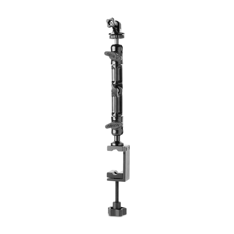 The Heavy-Duty Adjustable Clamp Mount for GoPro HERO Action Cameras features multiple joints and locking knobs, securing your camera to tables or desks—perfect for professional live streaming setups.