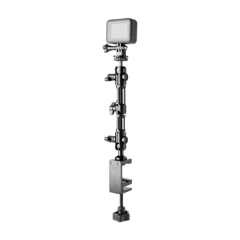 The Heavy-Duty Adjustable Clamp Mount for GoPro HERO Action Cameras features a tall, black, multi-joint pole with a strong clamp base for stable, flexible positioning—ideal for professional live streaming.