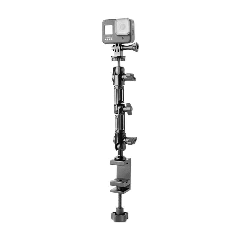 The Heavy-Duty Adjustable Clamp Mount for GoPro HERO Action Cameras features multiple adjustable joints for secure attachment to flat surfaces, making it ideal for professional live streaming.