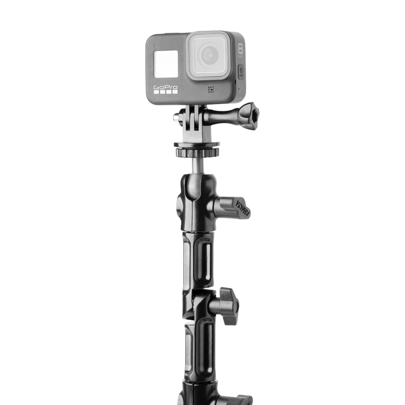The Heavy-Duty Adjustable Clamp Mount for GoPro HERO Action Cameras is shown attached to a black extension pole, photographed against a plain white background.