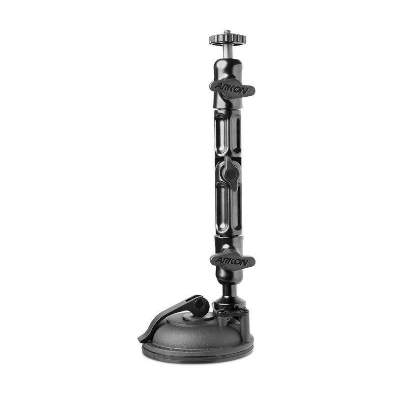 The Multi-Angle Suction Cup Camera Mount is a black, heavy-duty holder with an adjustable design and two locking knobs, shown upright against a white background.