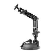 The Arkon Multi-Angle Suction Cup Camera Mount features a black heavy-duty base, articulated arm with tightening knobs, and top attachment point—ideal for versatile camera mounting.