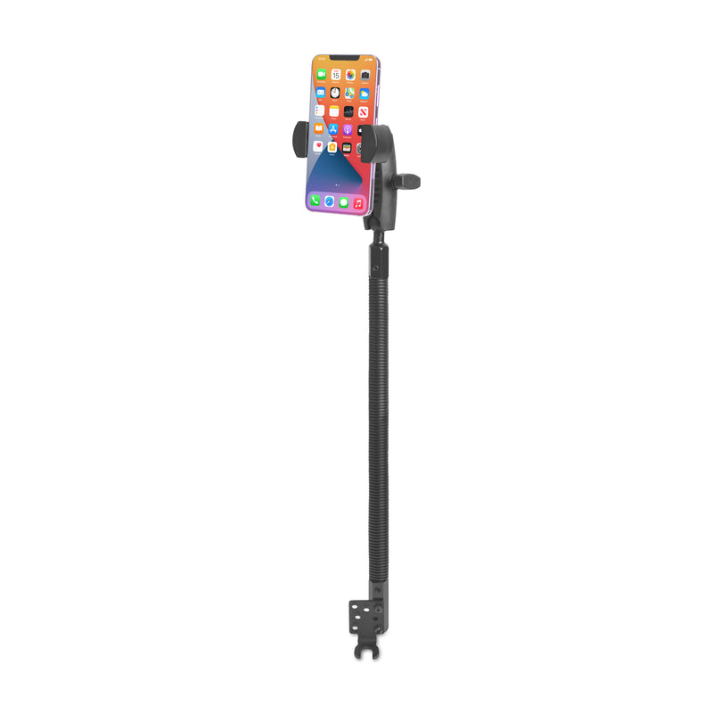 The RoadVise XL Phone Holder features a black adjustable mount with a 3.75” heavy-duty car seat rail arm and clamp base, ideal for securely holding your smartphone or tablet during road trips, shown here displaying app icons on a white background.