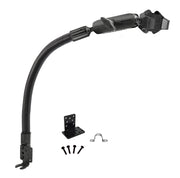 The RoadVise® Ultra Holder with Shaft Arm and 18 Seat Rail Mount, featuring a flexible black mounting arm, adjustable bracket, metal plate, screws, and small metal clip—ideal for use as a gooseneck phone mount.