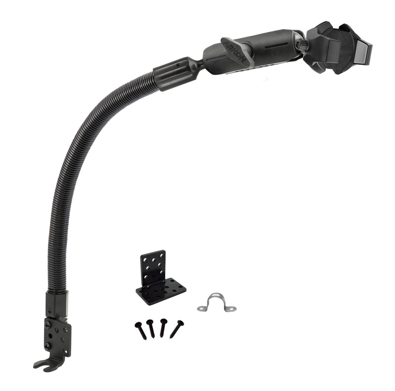 The RoadVise® Ultra Holder with Shaft Arm and 18 Seat Rail Mount, featuring a flexible black mounting arm, adjustable bracket, metal plate, screws, and small metal clip—ideal for use as a gooseneck phone mount.