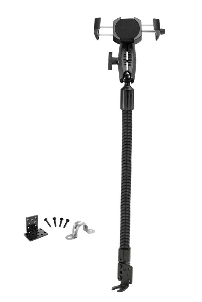 The RoadVise® Ultra Holder with Shaft Arm and 18 Seat Rail Mount, featuring a flexible gooseneck, clamp holder, coiled arm, screws, brackets, and support clamp, is displayed on a white background.