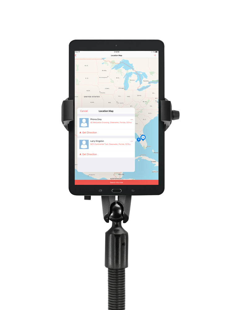 A RoadVise® Ultra Holder with Shaft Arm and 18 Seat Rail Mount holds a tablet showing a US map with pins, contact info, and directions. The flexible black gooseneck mount is set against a white background.