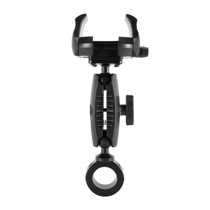 The RoadVise® Ultra Holder with Shaft Arm and Handlebar Mount, shown from the front on a white background, is a black adjustable bracket designed for motorcycles, featuring a round bottom clamp, side-knob hinge, and padded top grips.