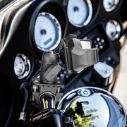 Close-up of a motorcycle dashboard with gauges and a securely attached black handlebar mount on the handlebars. The Arkon brand name is visible on the mount, which features the OCTO™ Rail Mount paired with the versatile RoadVise® Ultra Phone Holder—making it an ideal motorcycle phone holder for riders seeking both convenience and reliability.