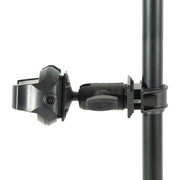 Close-up side view of the black OCTO™ Rail Mount with an adjustable joint and textured grip, securely attached to a vertical pole—ideal for use as a handlebar or motorcycle phone holder and fully compatible with the included RoadVise® Ultra Phone Holder.