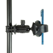 A blue smartphone is secured in a black OCTO™ Rail Mount with RoadVise® Ultra Phone Holder, which is attached to a vertical pole. The image, shown from the side against a white background, demonstrates how this handlebar-style mount can securely hold your device on the go.